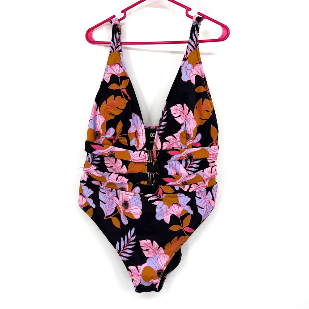 CCX City Chic Size Large 20 One Piece Bathing Suit Swim Black Pink Floral NEW